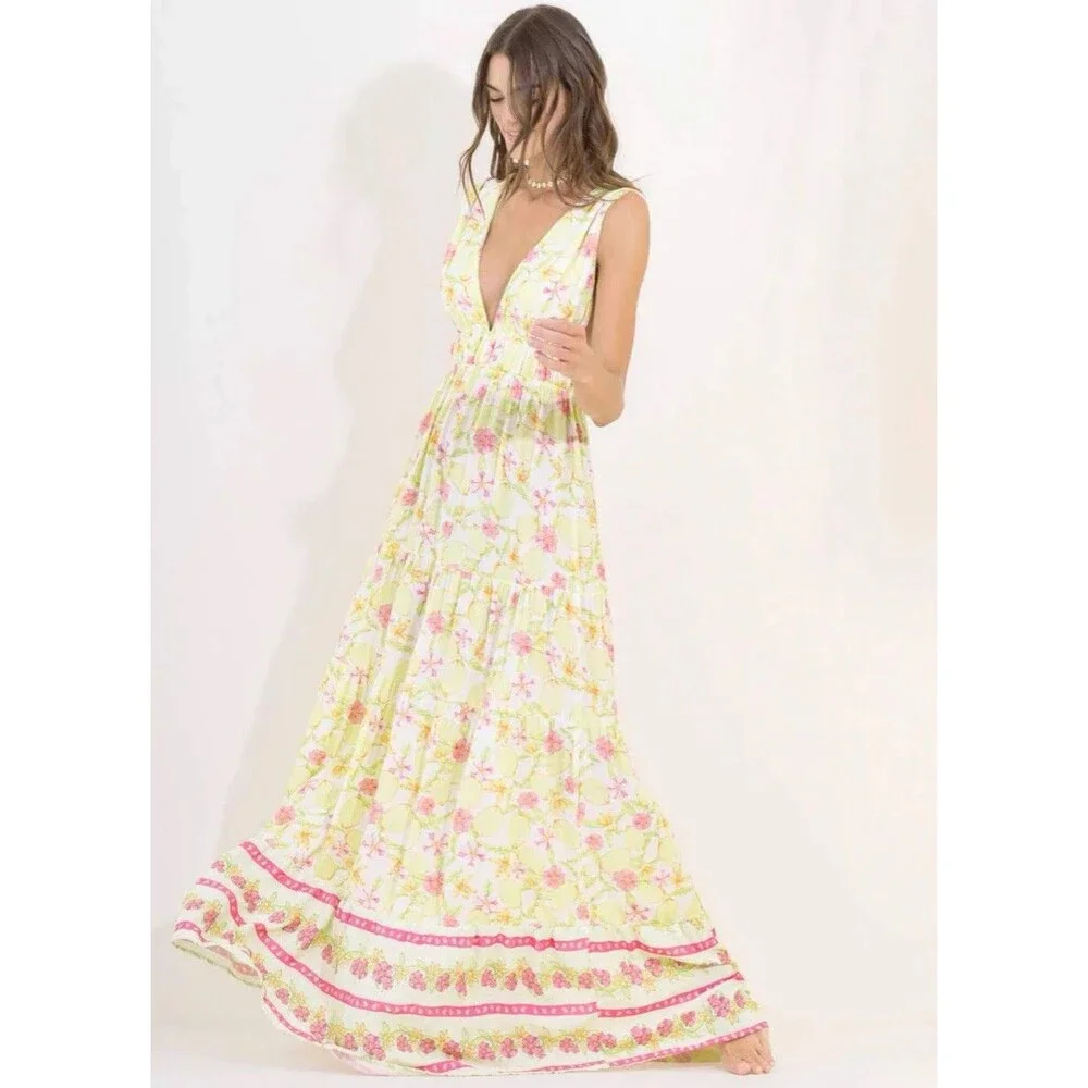 Maaji Eva Maxi Dress in Lemonade Women’s Long Yellow Pink Tropical Print Sz S - Picture 2 of 14